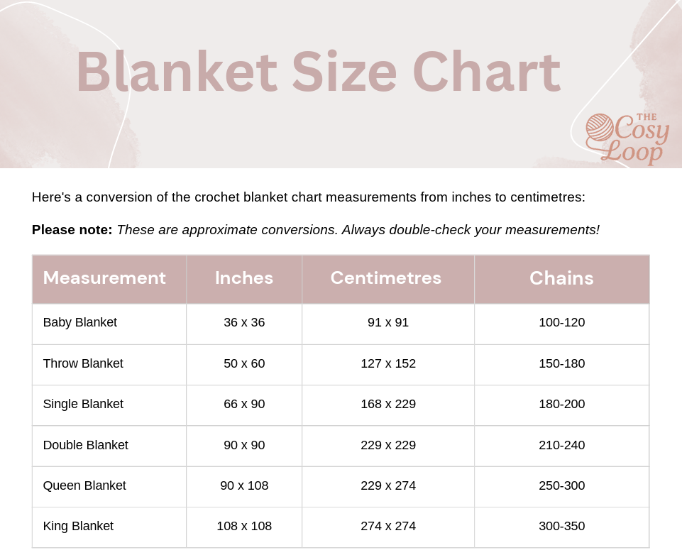 The Cosy Loop - Blanket Size Chart
